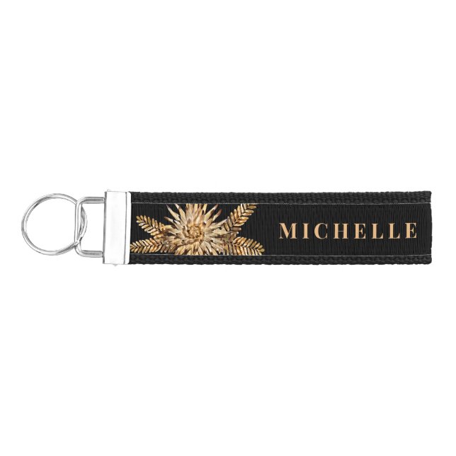Elegant Classy Gold Flowers Chic Black Luxury Wrist Keychain (Keys on Left)
