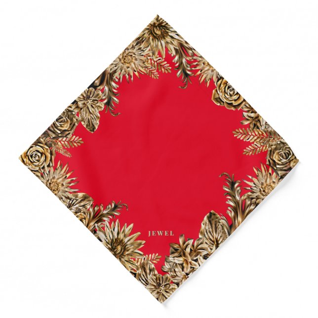Elegant Classy Gold Flowers Chic Red Luxury Dog Bandana (Front)