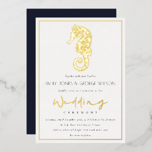 Elegant Classy Gold Foil Navy Seahorse Wedding Foil Invitation