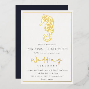 Elegant Classy Gold Foil Navy Seahorse Wedding Invitation