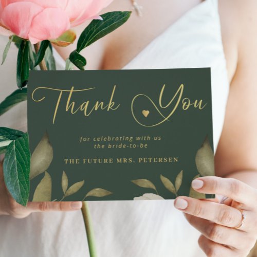 Elegant classy gold green bridal shower thank you card