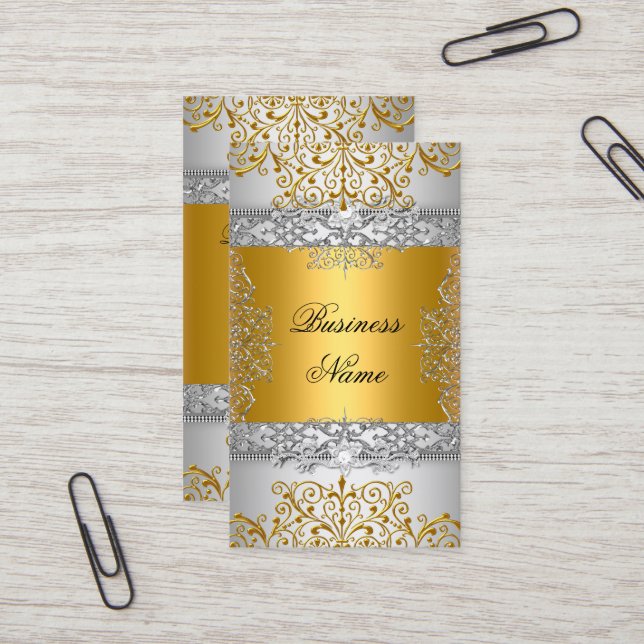 Elegant Classy Gold Lace Silver White Business Card (Front/Back In Situ)