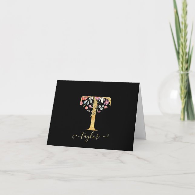 Elegant & Classy  Gold Monogram T Floral Thank You Card (Front)