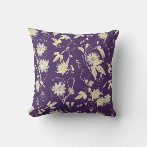 Elegant Classy Gold Passion Flowers Dark Lavender Throw Pillow