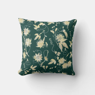 Elegant Classy Gold Passion Flowers Emerald Green Throw Pillow