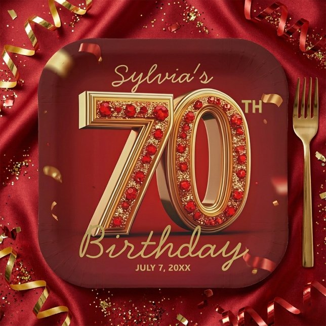 Elegant Classy Gold Red Jewel Style 70th Birthday  Paper Plates (Creator Uploaded)