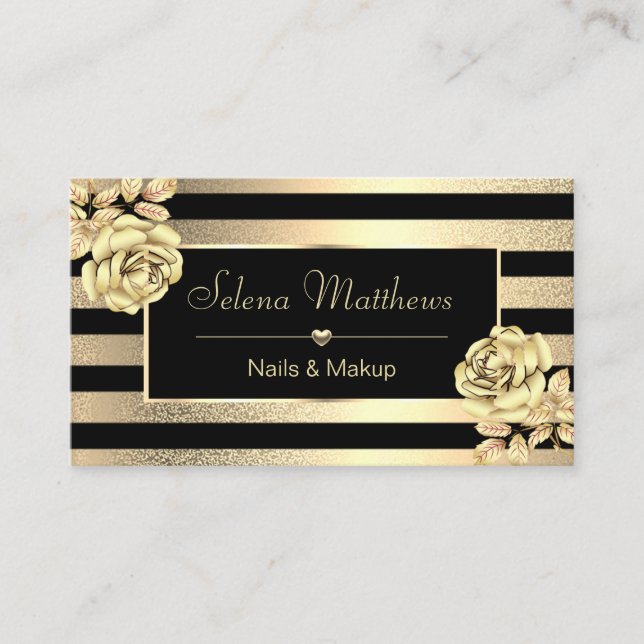 Elegant Classy Gold Roses & Stripes Salon Business Card (Front)