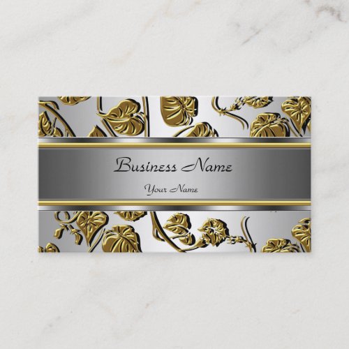 Elegant Classy Gold Silver Embossed Floral Leaf Business Card