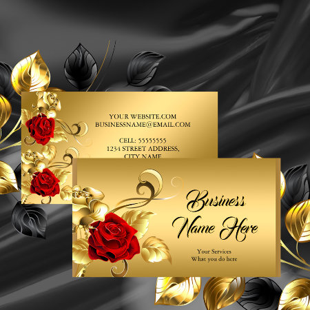 Elegant Classy Golden Red Rose Gold Leaf Floral Business Card