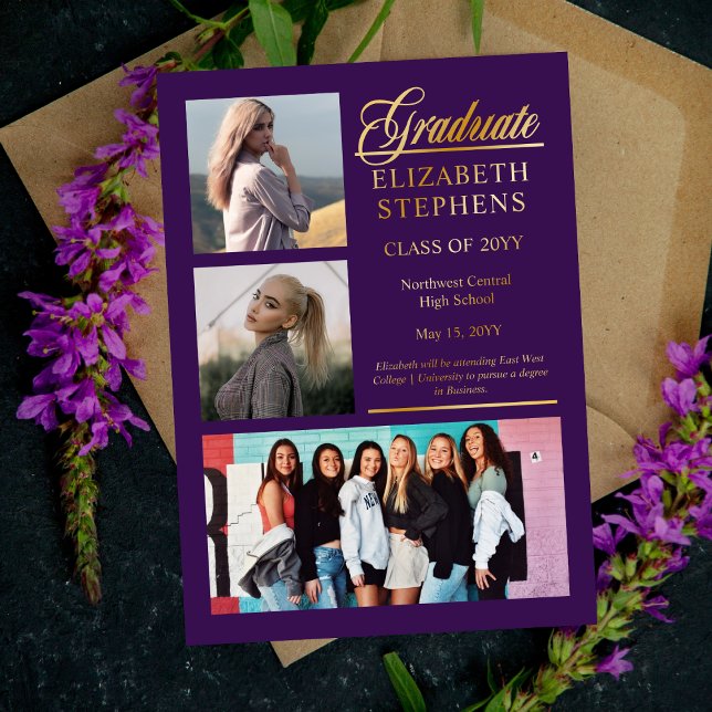 Elegant Classy Graduate Purple Graduation 3 Photo Foil Invitation (Classy and Elegant Script Text "Graduate" 3-Photo Gold Foil and Purple Graduation Announcement)