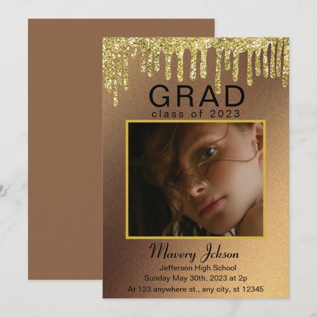 Elegant Classy Graduation Golden glitter 1 Photos Invitation (Front/Back)