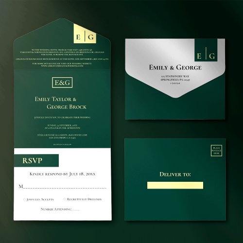 Elegant Classy Green Gold Monogram Modern Wedding All In One Invitation