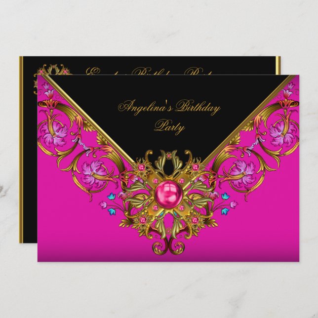 Elegant Classy Hot pink Black Gold Birthday Party Invitation (Front/Back)