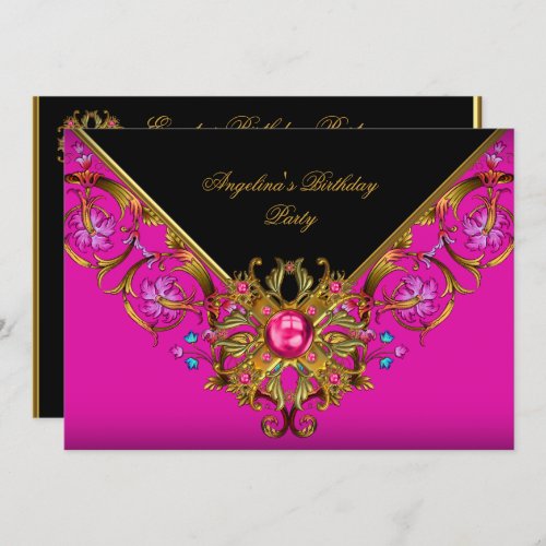 Elegant Classy Hot pink Black Gold Birthday Party Invitation