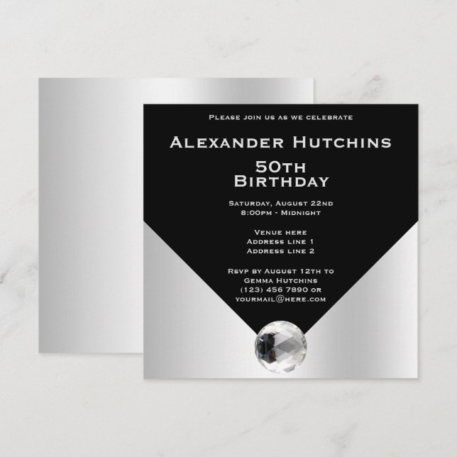 Elegant Classy Masculine Black & Silver Birthday Invitation (Front/Back)