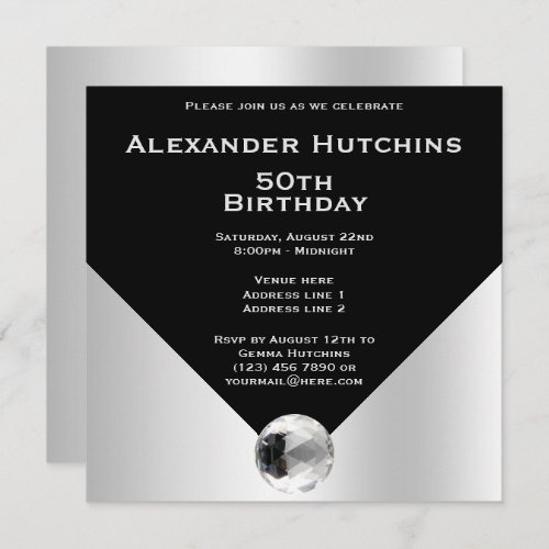 Elegant Classy Masculine Black  Silver Birthday Invitation