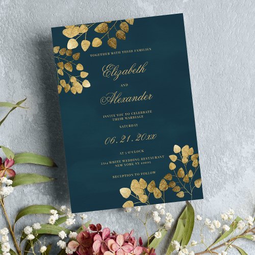 Elegant classy mauve green gold eucalyptus wedding invitation