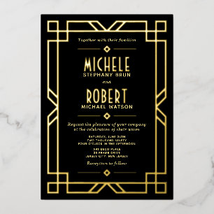 Elegant Classy Modern Art Deco Black Wedding Gold Foil Invitation