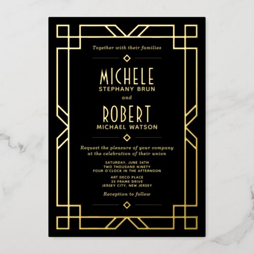 Elegant Classy Modern Art Deco Black Wedding Gold Foil Invitation