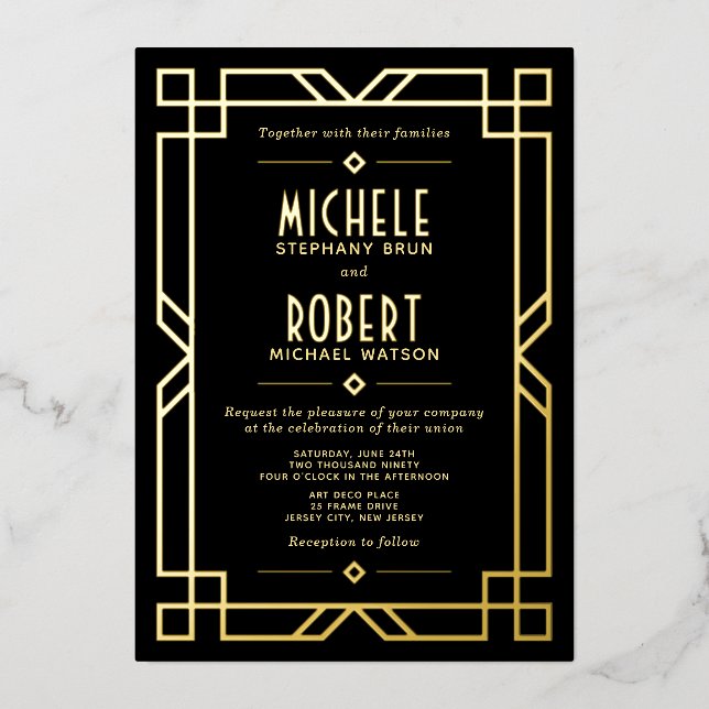 Elegant Classy Modern Art Deco Black Wedding Gold Foil Invitation (Front)