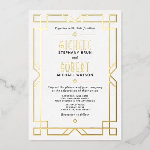 Elegant Classy Modern Art Deco Wedding Gold Foil Invitation