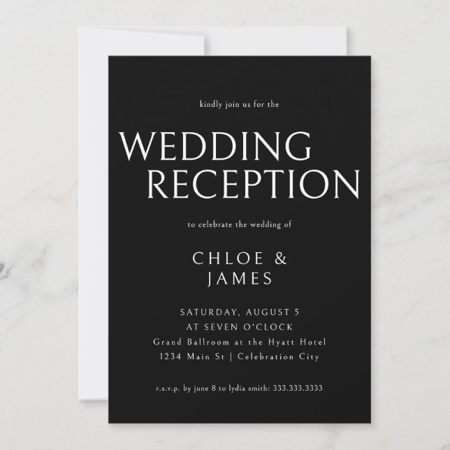 Elegant Classy Modern Black Tie Wedding Reception Invitation (Front)