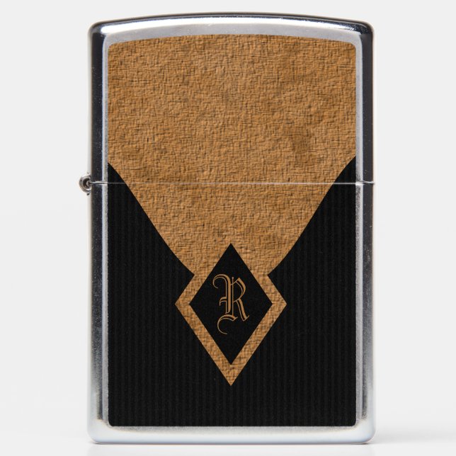 Elegant Classy Monogram Black Pinstripe and Tan Zippo Lighter (Front)
