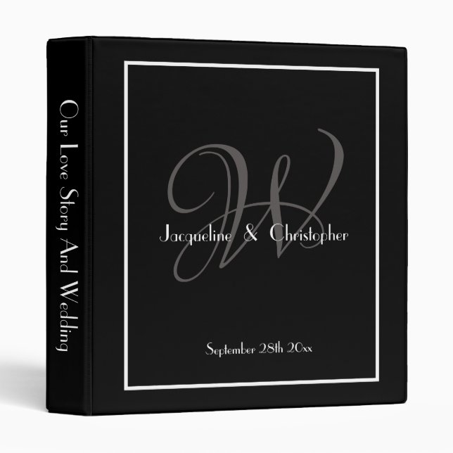 Elegant Classy Monogram Black & White Wedding 3 Ring Binder (Front/Spine)