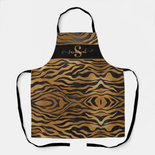 Elegant Classy Monogram Name Gold Black Leopard Ap Apron