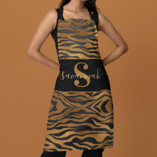 Elegant Classy Monogram Name Gold Black Leopard Apron