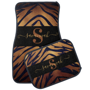 Elegant Classy Monogram Name Silver Black Leopard Car Floor Mat