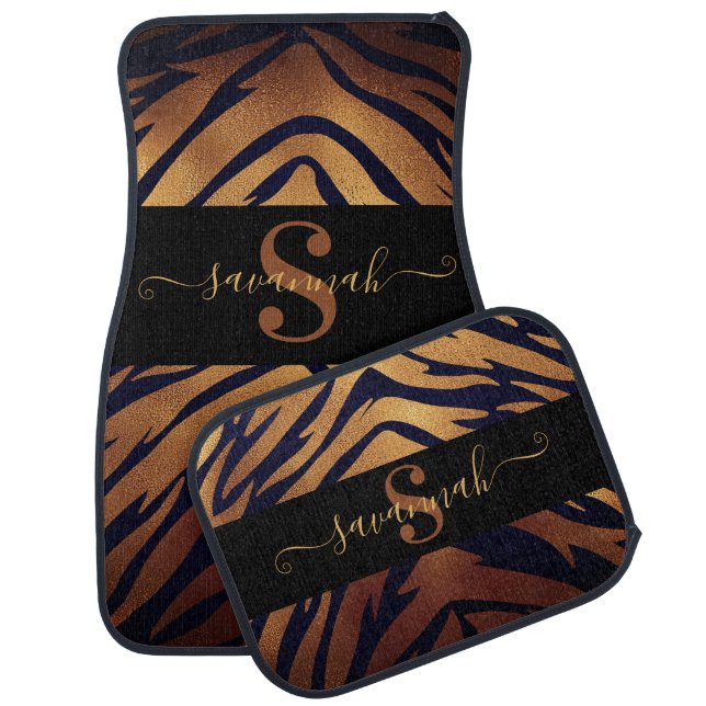 Elegant Classy Monogram Name Silver Black Leopard  Car Floor Mat (Set)