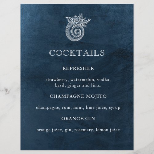 Elegant Classy Navy Beach Wedding Cocktail Menu