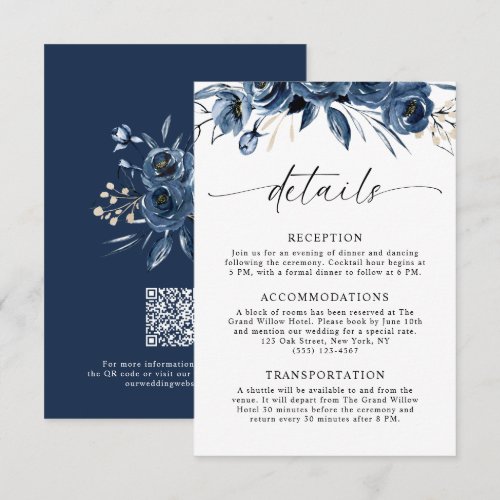 Elegant Classy Navy Blue Flowers Wedding QR Code Enclosure Card