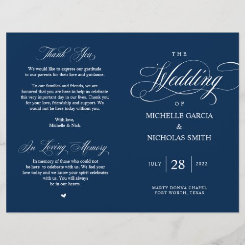 Elegant Classy Navy Blue Foldable Wedding Program