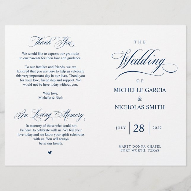 Elegant Classy Navy Blue, Foldable Wedding Program (Front)