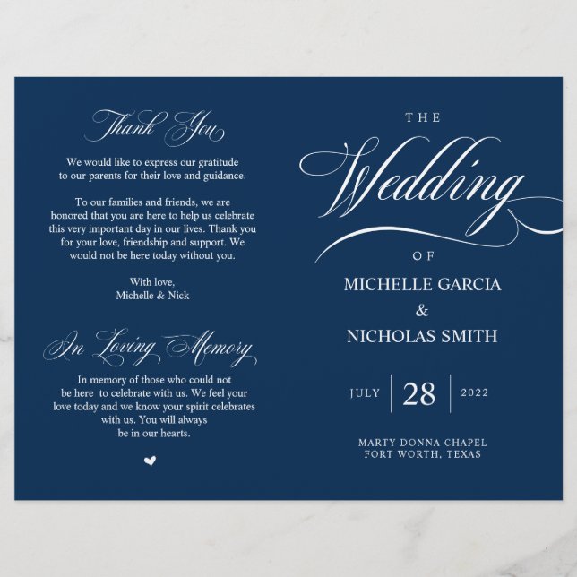 Elegant Classy Navy Blue, Foldable Wedding Program (Front)