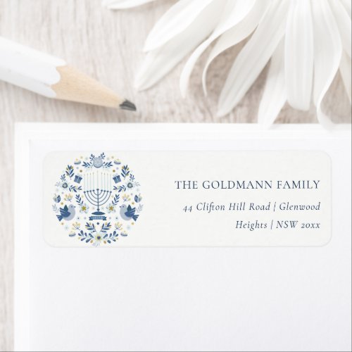 Elegant Classy Navy Blue Hanukkah Floral Address Label