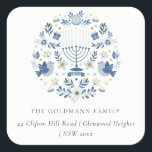 Elegant Classy Navy Blue Hanukkah Floral Address Square Sticker<br><div class="desc">If you need any further customisation please feel free to message me on yellowfebstudio@gmail.com.</div>