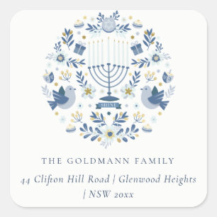 Elegant Classy Navy Blue Hanukkah Floral Address Square Sticker