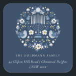 Elegant Classy Navy Blue Hanukkah Floral Address Square Sticker<br><div class="desc">If you need any further customisation please feel free to message me on yellowfebstudio@gmail.com.</div>
