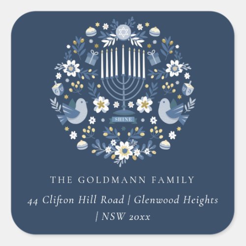 Elegant Classy Navy Blue Hanukkah Floral Address Square Sticker