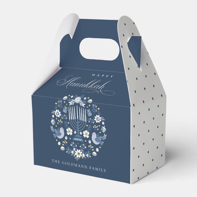 Elegant Classy Navy Blue Happy Hanukkah Floral Favor Boxes (Front Side)