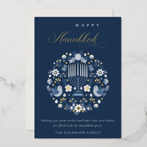 Elegant Classy Navy Blue Happy Hanukkah Floral Foil Holiday Card