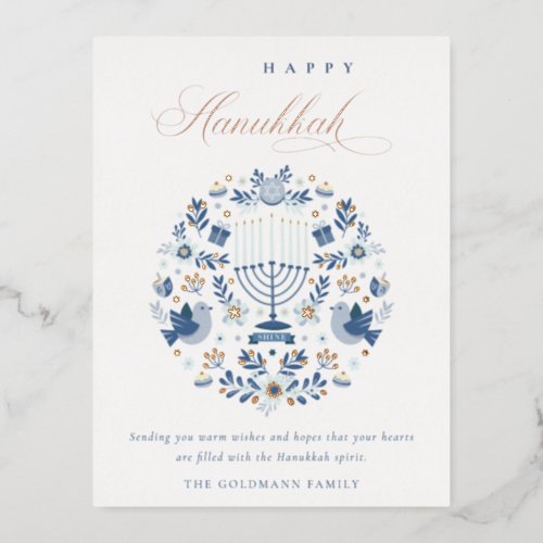 Elegant Classy Navy Blue Happy Hanukkah Floral Foil Holiday Postcard