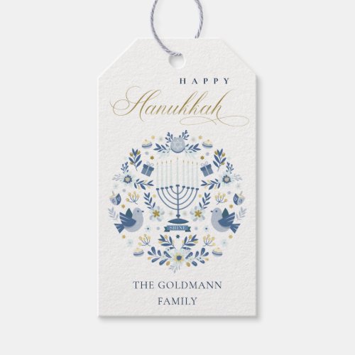 Elegant Classy Navy Blue Happy Hanukkah Floral Gift Tags