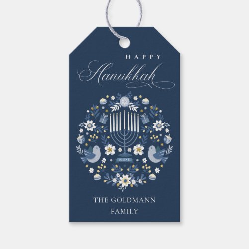 Elegant Classy Navy Blue Happy Hanukkah Floral Gift Tags