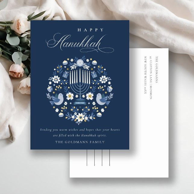 Elegant Classy Navy Blue Happy Hanukkah Floral Holiday Postcard (Creator Uploaded)