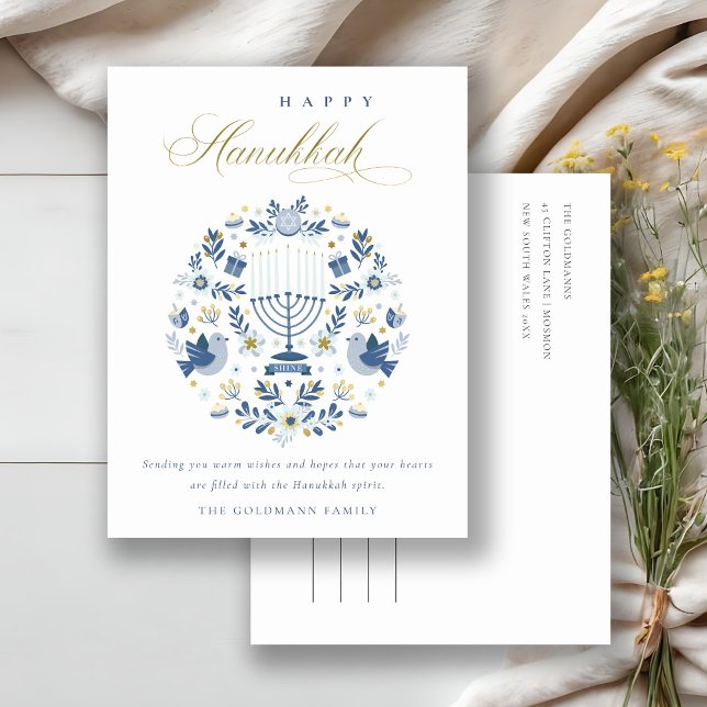 Elegant Classy Navy Blue Happy Hanukkah Floral Holiday Postcard (Creator Uploaded)