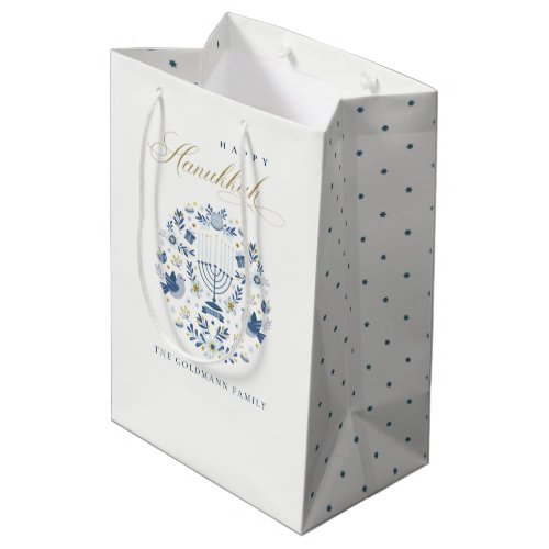 Elegant Classy Navy Blue Happy Hanukkah Floral Medium Gift Bag